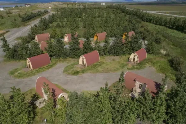 Wooden camping pod, aerial view of a camping pod site