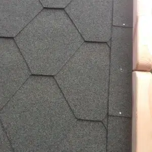 Wooden camping pod, close-up of roof shingles