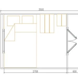 Wooden camping pod, dimensioned floor plan showing bed and table