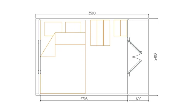 Wooden camping pod, dimensioned floor plan showing bed and table