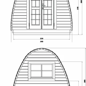 Wooden camping pod, dimensioned front and rear drawings
