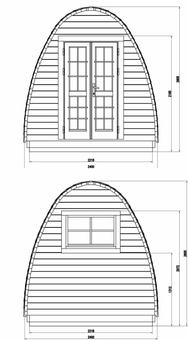 Wooden camping pod, dimensioned front and rear drawings
