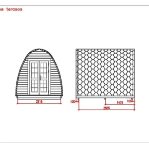 Wooden camping pod, dimensioned front and side drawings