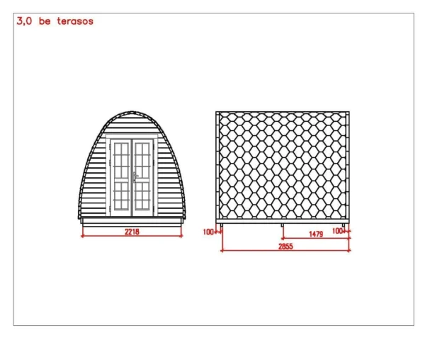 Wooden camping pod, dimensioned front and side drawings