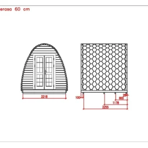 Wooden camping pod, dimensioned front and side drawings with porch
