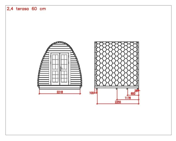 Wooden camping pod, dimensioned front and side drawings with porch