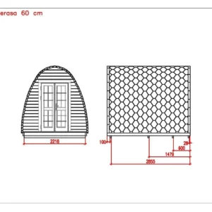 Wooden camping pod, dimensioned front and side drawings with porch