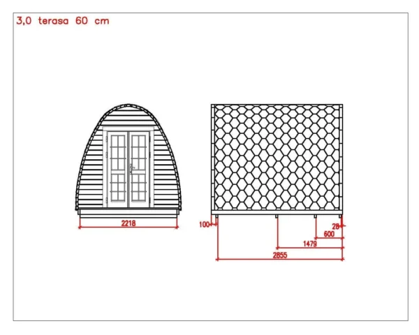 Wooden camping pod, dimensioned front and side drawings with porch