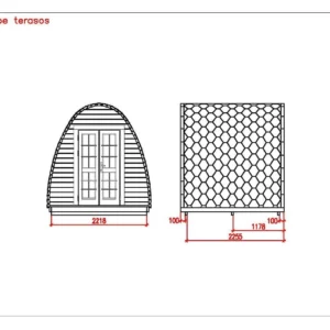 Wooden camping pod, dimensioned front and side drawings without porch