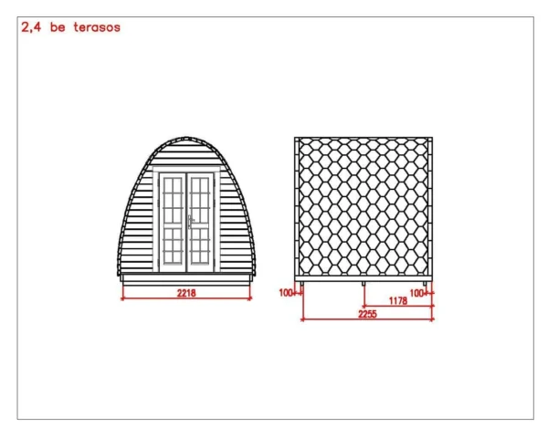 Wooden camping pod, dimensioned front and side drawings without porch
