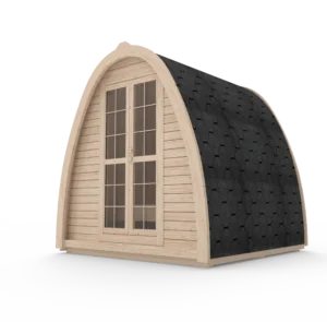 Wooden camping pod, exterior rendering with glazed double doors