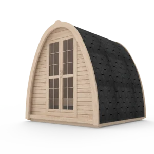 Wooden camping pod, exterior rendering with glazed double doors