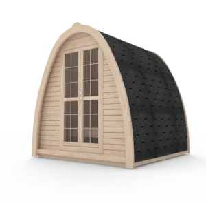 Wooden camping pod, exterior rendering with glazed double doors