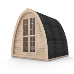 Wooden camping pod, exterior rendering with glazed double doors