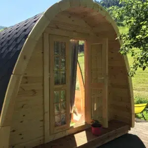 Wooden camping pod, front entrance with glazed double doors