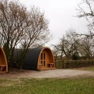 Wooden camping pod, front exterior beside trees