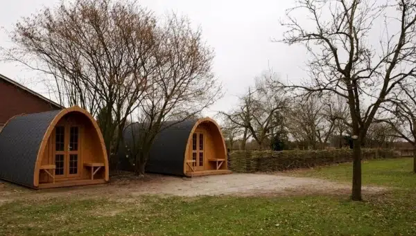 Wooden camping pod, front exterior beside trees