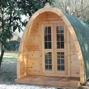 Wooden camping pod, front exterior with glazed double doors