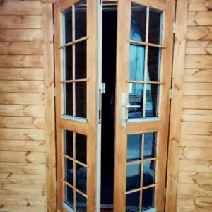 Wooden camping pod, glazed double entrance doors