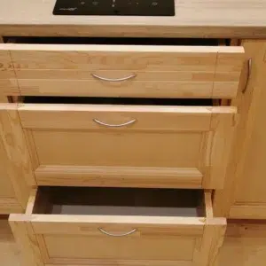 Wooden camping pod, open kitchen storage drawers