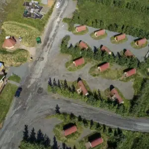 Wooden camping pod, overhead view of a camping pod site