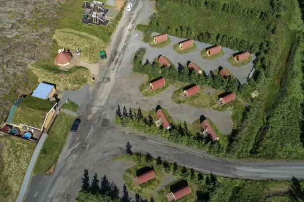 Wooden camping pod, overhead view of a camping pod site