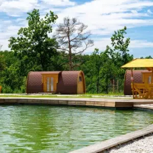 Wooden camping pod, pondside camping pods and outdoor shelter