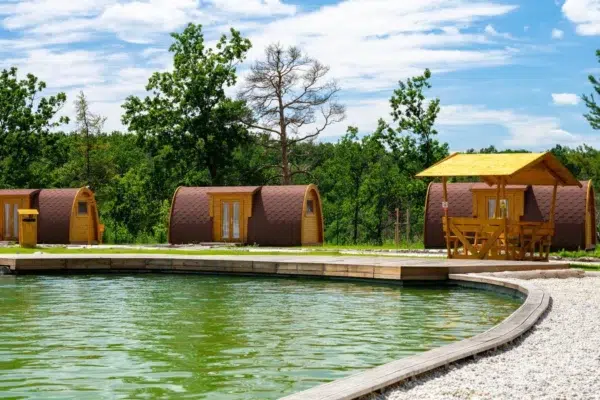 Wooden camping pod, pondside camping pods and outdoor shelter