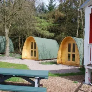 Wooden camping pod, row of camping pods beside a picnic area