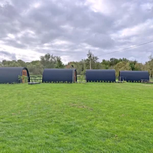 Wooden camping pod, row of camping pods on a lawn