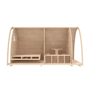 Wooden camping pod, side cutaway showing bed and seating