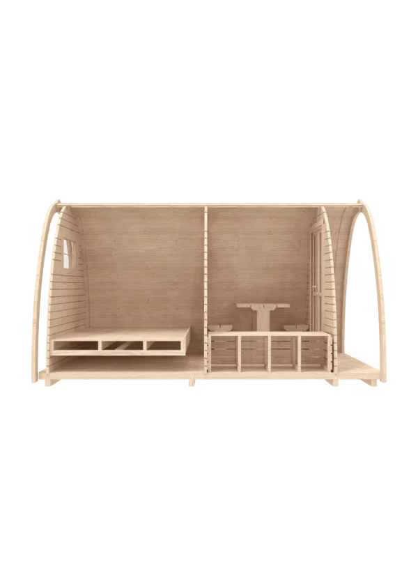 Wooden camping pod, side cutaway showing bed and seating