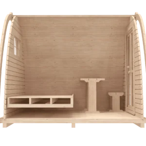 Wooden camping pod, side cutaway showing bed and table
