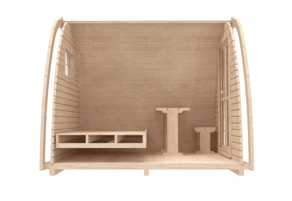Wooden camping pod, side cutaway showing bed and table