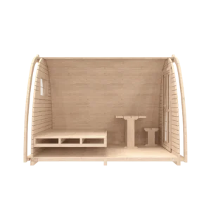 Wooden camping pod, side cutaway showing bed and table