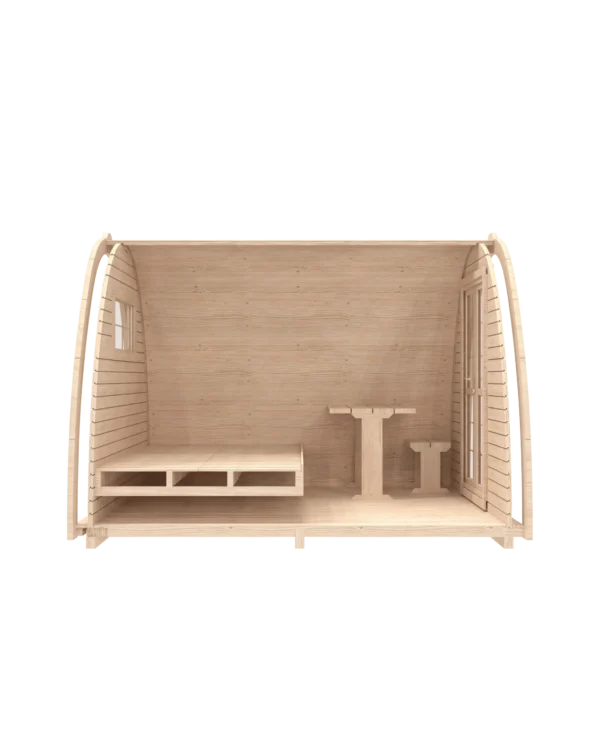 Wooden camping pod, side cutaway showing bed and table