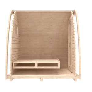 Wooden camping pod, side cutaway showing sleeping platform