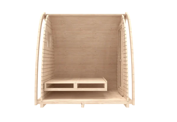 Wooden camping pod, side cutaway showing sleeping platform