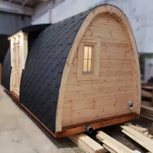 Wooden camping pod, side and end exterior with small window
