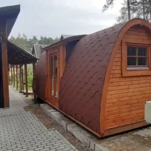 Wooden camping pod, side entrance and end window