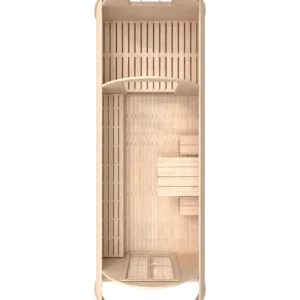 Wooden camping pod, top-down cutaway showing bed and dining area
