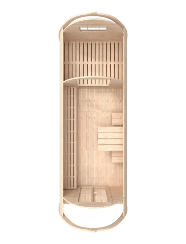 Wooden camping pod, top-down cutaway showing bed and dining area