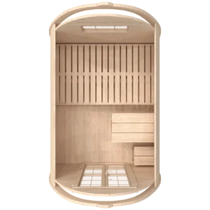 Wooden camping pod, top-down cutaway showing bed and table