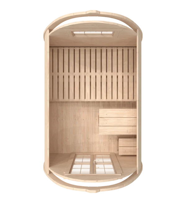 Wooden camping pod, top-down cutaway showing bed and table
