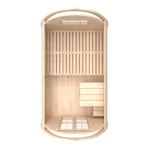 Wooden camping pod, top-down cutaway showing interior layout