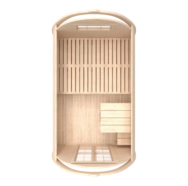 Wooden camping pod, top-down cutaway showing interior layout