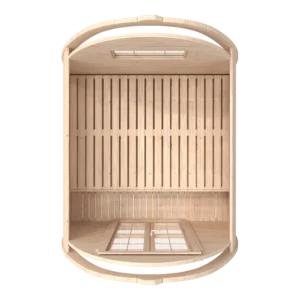 Wooden camping pod, top-down cutaway showing interior layout