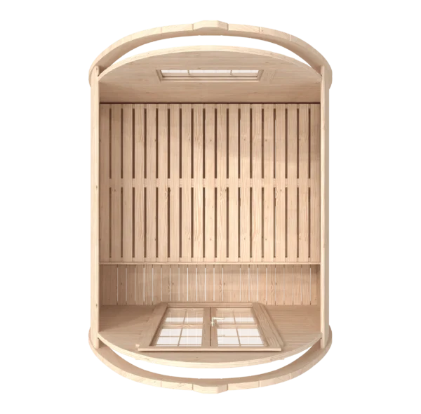 Wooden camping pod, top-down cutaway showing interior layout
