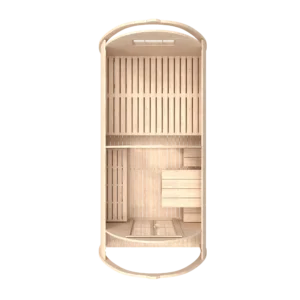 Wooden camping pod, top-down cutaway showing interior layout