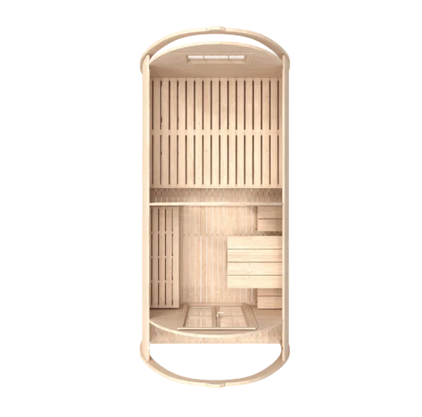 Wooden camping pod, top-down cutaway showing interior layout